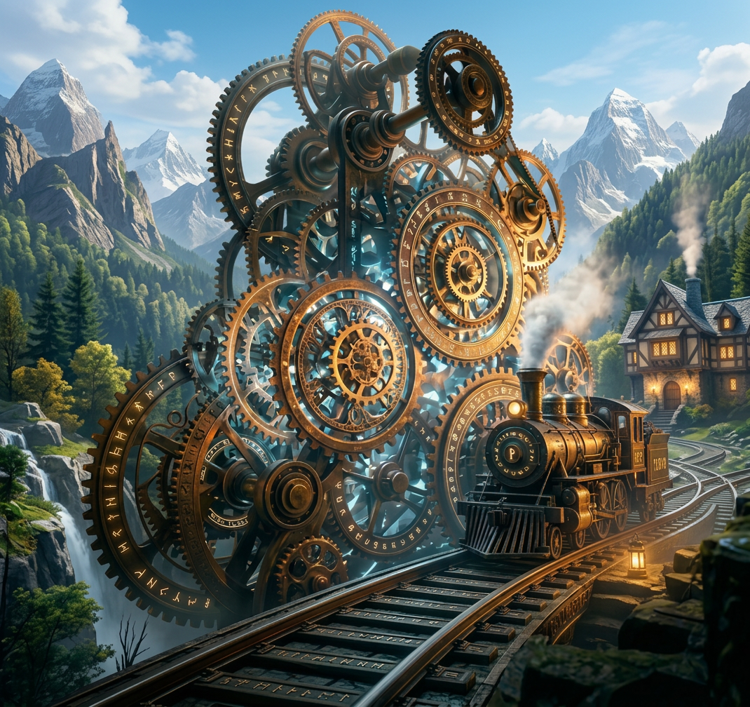 Complex interlocking golden gears with runes in a dim stone chamber